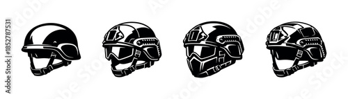 Military helmet designs, tactical gear collection, flat vector illustration