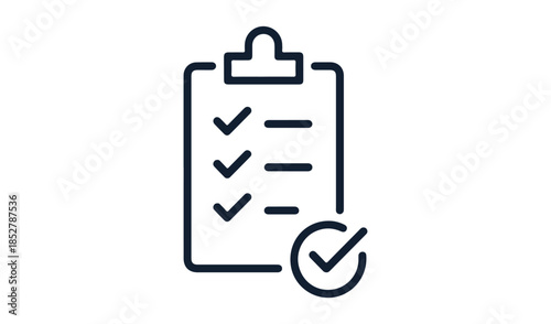 Minimalist outline clipboard icon with triple checkmarks and a circular success seal for task completion