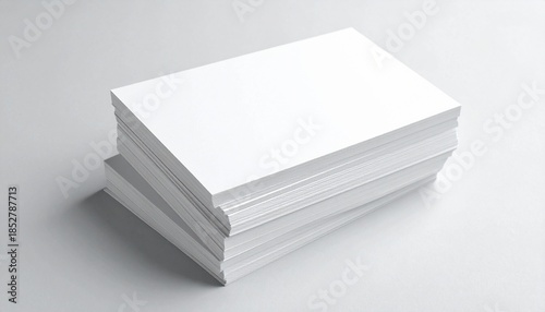 Stacks of blank business cards arranged on a gray surface in a well-lit workspace showing potential for creative designs