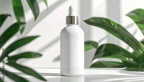 White bottle with dropper cap surrounded by green plants in bright room during daytime