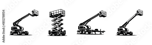 Aerial lift equipment, boom lift, scissor lift, flat vector illustration