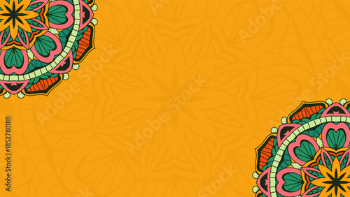 Yellow background with partial decorative floral ornament placed in the corner.