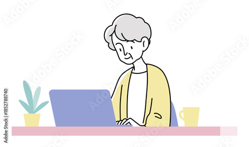 Senior Person Using a Laptop Computer, Upper Body Illustration, Simple Flat Vector