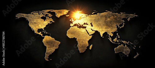 Wallpaper Mural Golden World Map with Bright Sunburst over Europe on a Dark Textured Background Torontodigital.ca