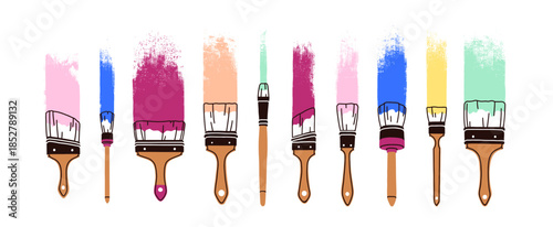 Paint brushstrokes set. Abstract brush strokes, thick and thin paintbrush lines, smudges, distressed textures, bristle marks. Color coating. Flat vector illustration isolated on white background