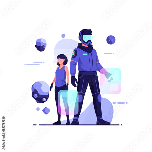 futuristic law enforcement agent guiding a young girl amidst digital floating elements and sci-fi