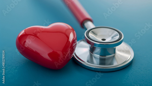 A vibrant red heart with a stethoscope, representing the connection between love and medical care
