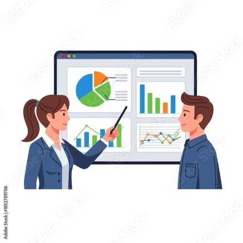 Business professionals analyzing and presenting data insights using digital charts and graphs in a