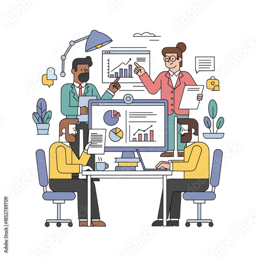 Collaborative Business Team Analyzing Financial Data and Growth Strategies in Modern Office