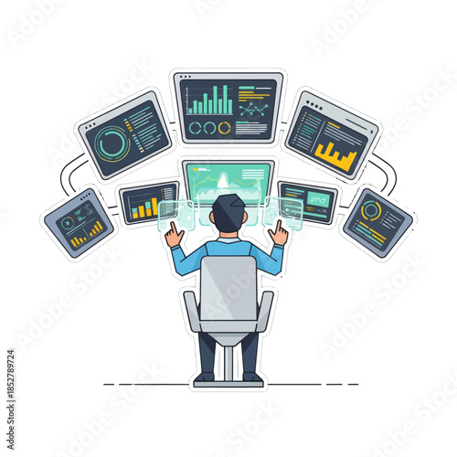 Modern data analysis environment with multiple digital dashboards and analytics interfaces for