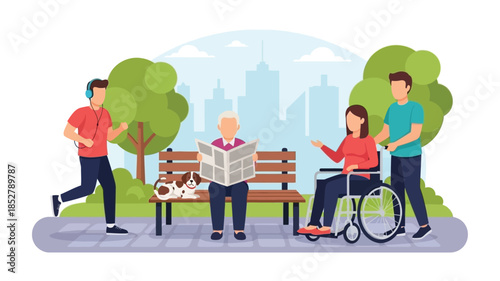 People enjoying a day in the park running reading relaxing and socializing