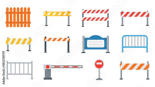 Collection of colorful construction barriers and road safety equipment icons