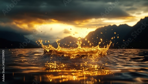 Wallpaper Mural Dynamic Golden Crown Water Splash in Lake at Sunset with Sparkling Droplets and Mountain Silhouette Torontodigital.ca