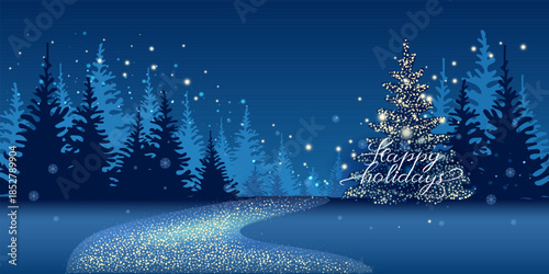 Abstract Merry Christmas and New Year design holiday card with Christmas tree made of dots