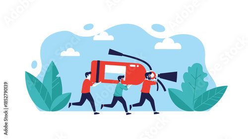 Three people running with a large red vintage film camera outdoors