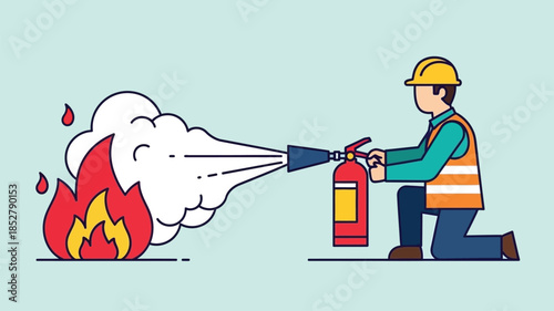 Fire safety illustration depicting a worker extinguishing a small blaze