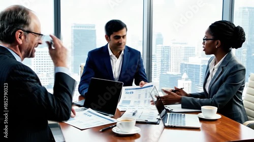 A group of business professionals engaged in a meeting around a table with laptops and papers