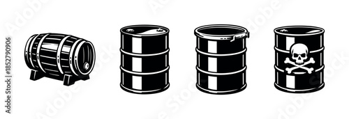 Oil barrels, toxic waste, black and white, flat vector illustration