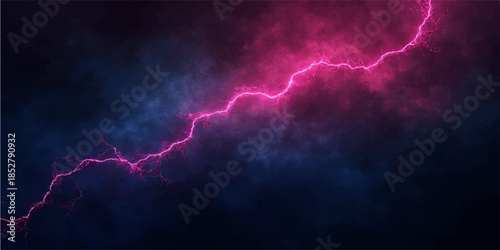 A powerful blue electric bolt strikes through the dark night sky during a dangerous nature storm, creating a bright flash of energy amidst rain and clouds in this abstract thunderstorm background