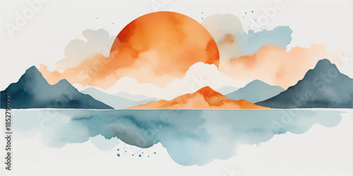 A serene winter landscape features snow-covered mountains under a misty blue sky at sunrise, where soft morning light illuminates the clouds and distant hills