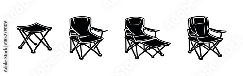 Camping chairs and stools, outdoor seating set, flat vector illustration