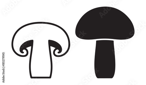 Mushroom icons featuring a line art outline and a solid silhouette for cooking and nature design.