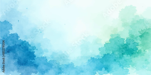 Abstract blue watercolour sky with clouds and sunlight