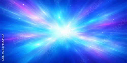 Bright blue abstract background with glowing rays and a light burst