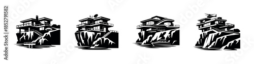 Modern cliffside house designs, coastal flat vector illustration, architecture icons