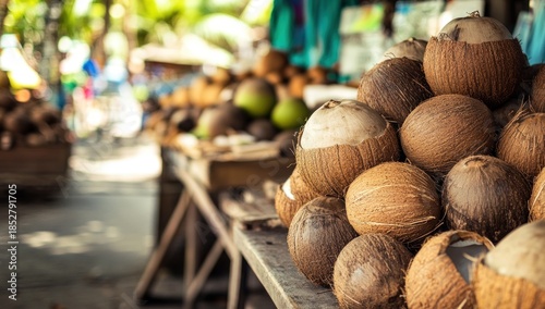 Wallpaper Mural Stack of Fresh Coconuts Displayed on a Rustic Market Stall Torontodigital.ca