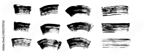 Mascara swatch brush stroke lines. Bold ink smudge with dry texture creates striking cosmetic mark, featuring flowing curves splatter effect. Makeup vector grunge black wave and straight underlines.