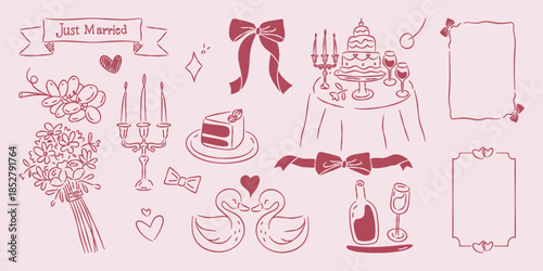 A collection of hand-drawn, pink wedding and romantic elements, including a cake, swans, flowers, ribbons, and borders for invitations.