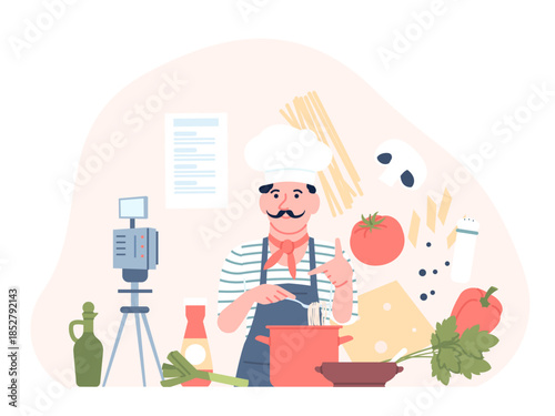 Italian chef cooking pasta. Traditional cuisine of italy, cook workshop online stream. Spaghetti with vegetables, cheese and mushrooms, recent vector scene