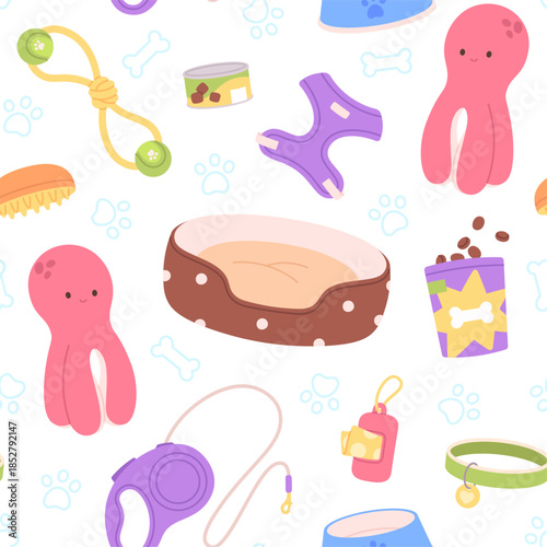 Pet shop seamless pattern. Animal toys and accessories, food in can and plastic bag. Soft bed for dog, collar and bowl. Racy vector background