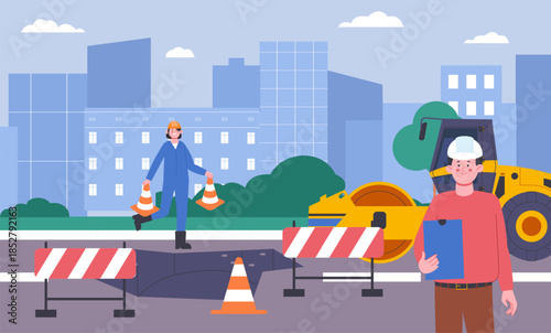 Broken city road. Crack or hole in asphalt, repair scene with workers and equipment. Sidewalks or street repairing, construction worker in uniform, vector scene