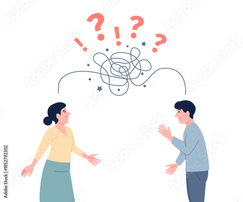Problems communicating with colleagues. Business people misunderstanding, messy communication line. Confusion, conflicts and problems, recent vector scene