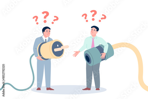 Business misunderstanding concept. Businessmen with different professional view and opinion. Communication problems, disagreements, recent vector scene