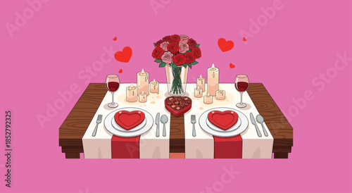 Romantic valentine dinner table setup with candles roses wine and heart plates love celebration illustration pink background design