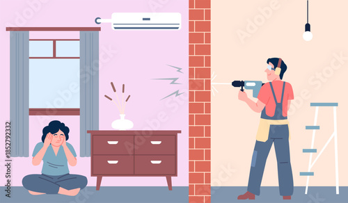 Apartment repair noise. Young woman and neighbor repairman. Female covering her ears from drill noisy. Urban lifestyle, modern city louds, recent vector scene