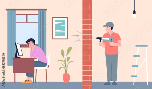 Home repair noise. Male character cant working at apartment from drill noisy. Neighborhood, neighbor repairman. Student is being prevented from studying, recent vector scene