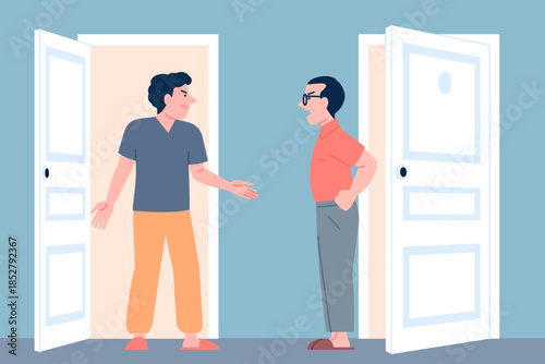 Neighbors conflict. Men loud shouting in apartment house corridor, neighborhood problems. Male characters disputing, big quarrel recent vector scene