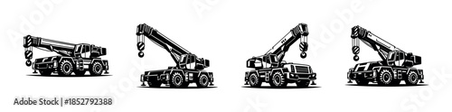 Crane truck set, construction vehicles, machinery, flat vector illustration