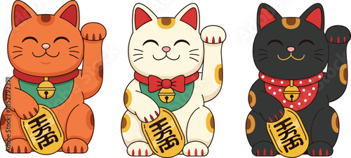 Three Lucky Maneki Neko Cats Illustration Set in Orange White and Black Colors Holding Gold Coins on White Background