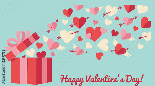 Valentines day gift box with flying hearts and arrows romantic surprise love celebration illustration blue background design