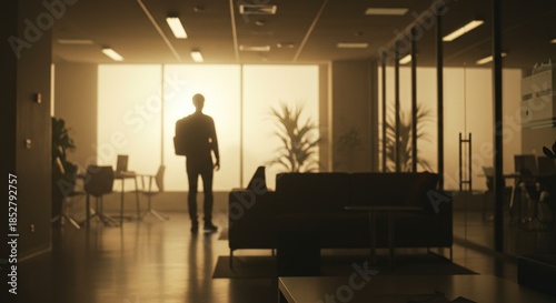 Businessman walking into modern office space with warm sunlight