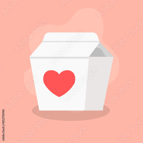 Valentine snack box illustration. Small takeaway food box form. Big heart sticker seal detail. Clean flat packaging shape. Warm festive food theme.