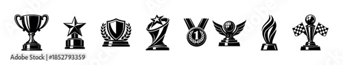Trophy and award icons, flat vector illustration with badges, medals, and shields