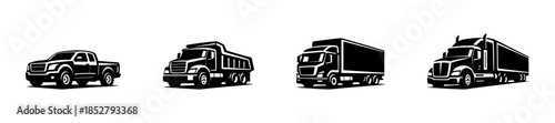 Truck and lorry collection, cargo, transport, flat vector illustration