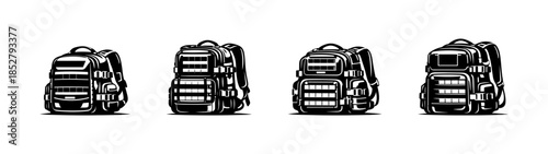 Backpack collection flat vector illustration, hiking gear, camping bags