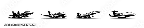 Airplane collection, jets, aircraft, aviation icons, flat vector illustration